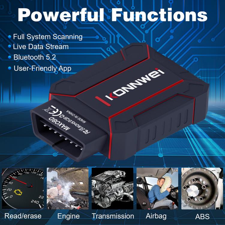 KONNWEI MAXOBD OBD2 scanner on blue circuit board background with function icons