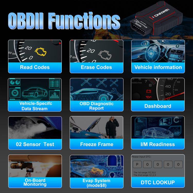 MAXOBD OBD2 diagnostic tool with app tiles for OBDII functions displayed