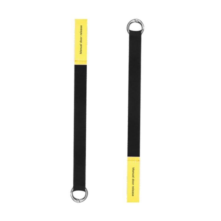 Manual door release pull strap set: two black straps with metal rings and yellow labels