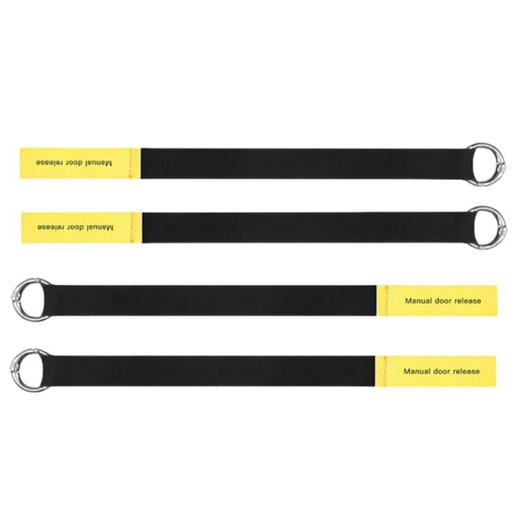 Manual door release pull strap set: black straps with metal rings, yellow label tabs (2 pcs)