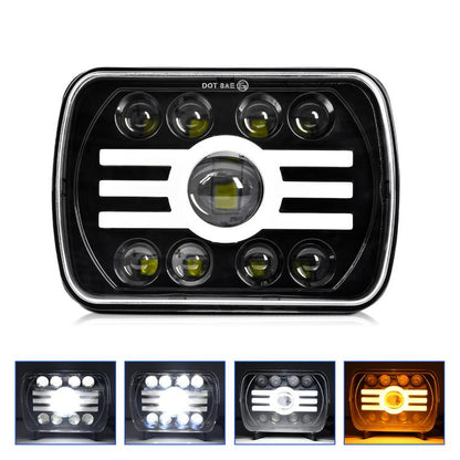 Square LED projector headlight with chrome bezel and multiple round bulbs