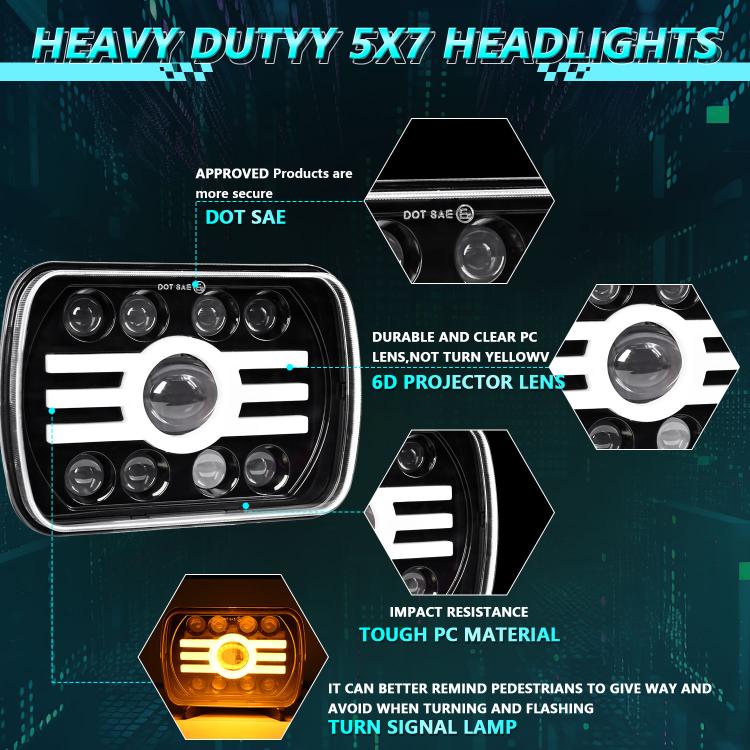 Black square LED projector headlight with circular lenses and amber turn section