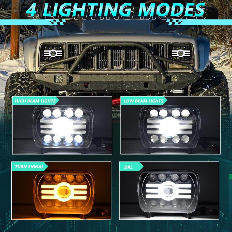 Square LED headlights installed on a Jeep-style vehicle with four lighting panels