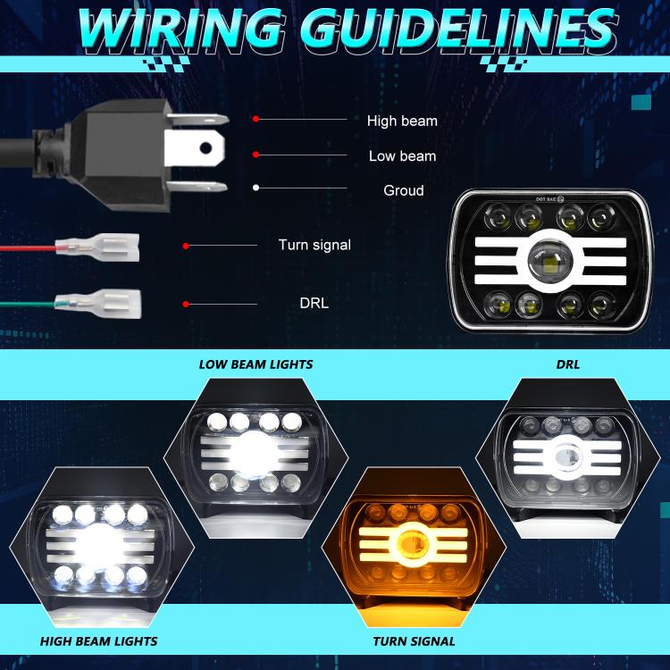 Square LED headlight with labeled beam and turn/DRL sections in a wiring diagram