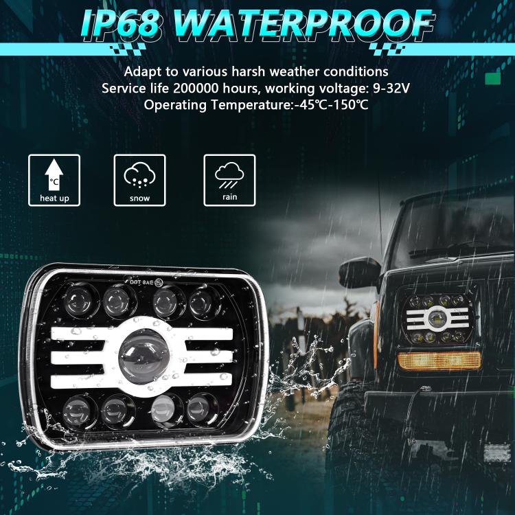 Square LED projector headlight with water droplets, showing amber turn signal lens