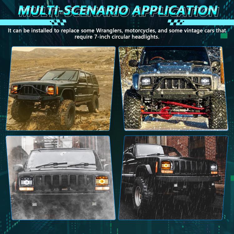 Square LED headlights on off-road vehicles, showing amber corner lights and DRL bars
