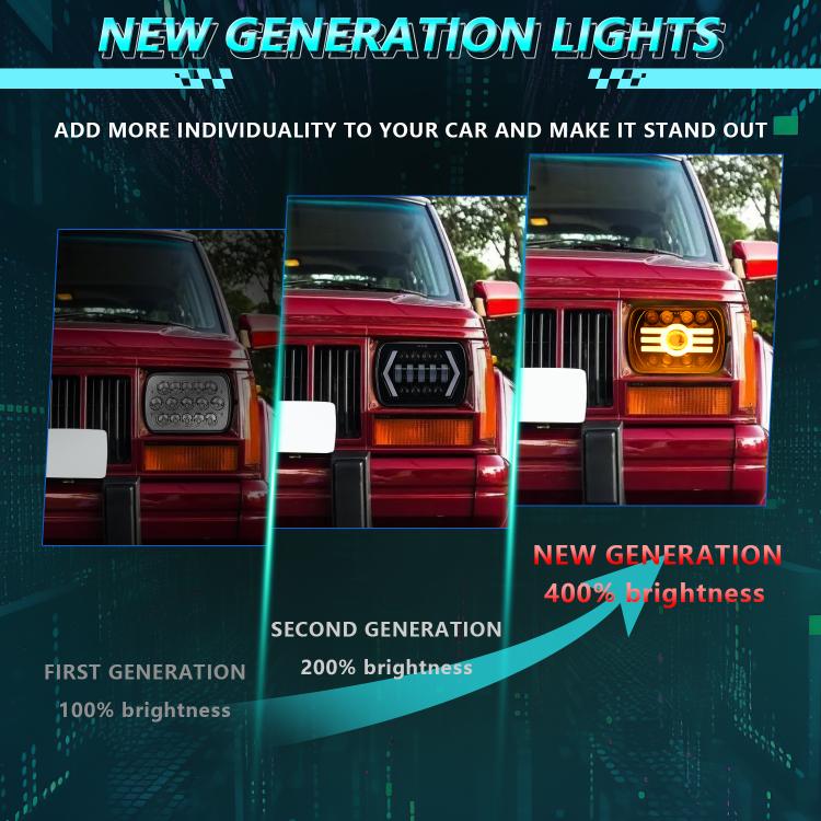 Front corner of a pickup showing square LED headlight with amber and white light