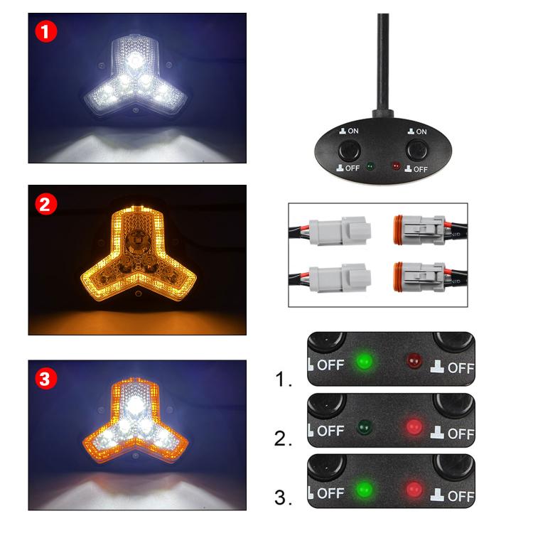 Triangular LED work light with amber and white modes, plus multi-position switch panel