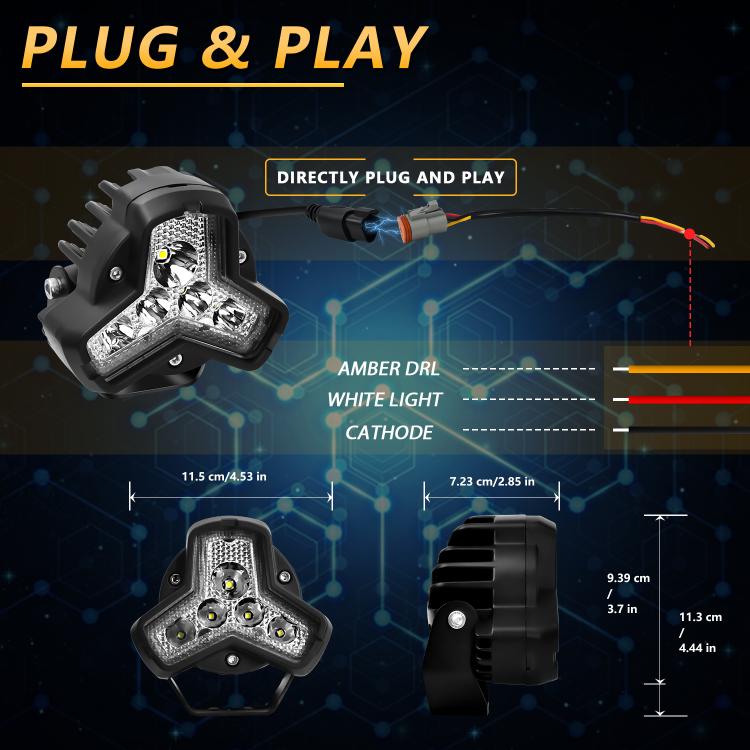 Triangular LED work light kit with plug-and-play wiring harness and terminals