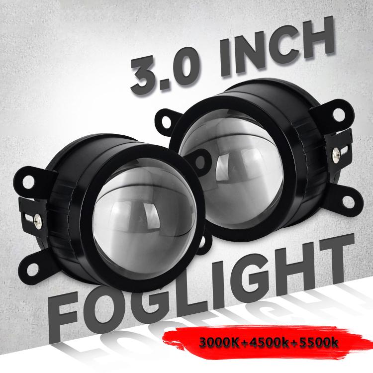 Black dual-lens fog light projector pair, round lenses with side mounting points