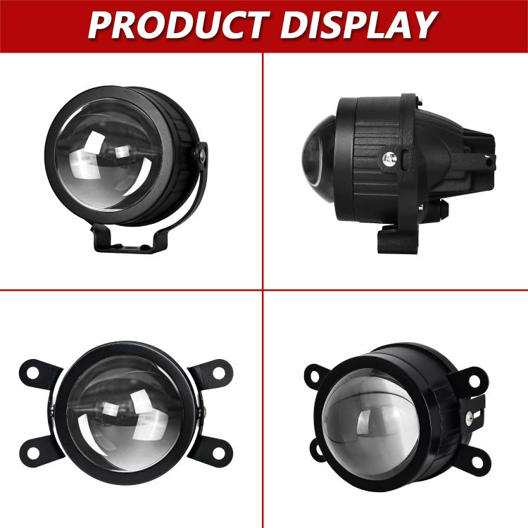 Black 3-inch dual-lens fog light pair, front and side views with mounting bracket