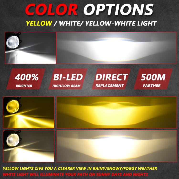 Dual-lens fog lights showing white and yellow beam color options