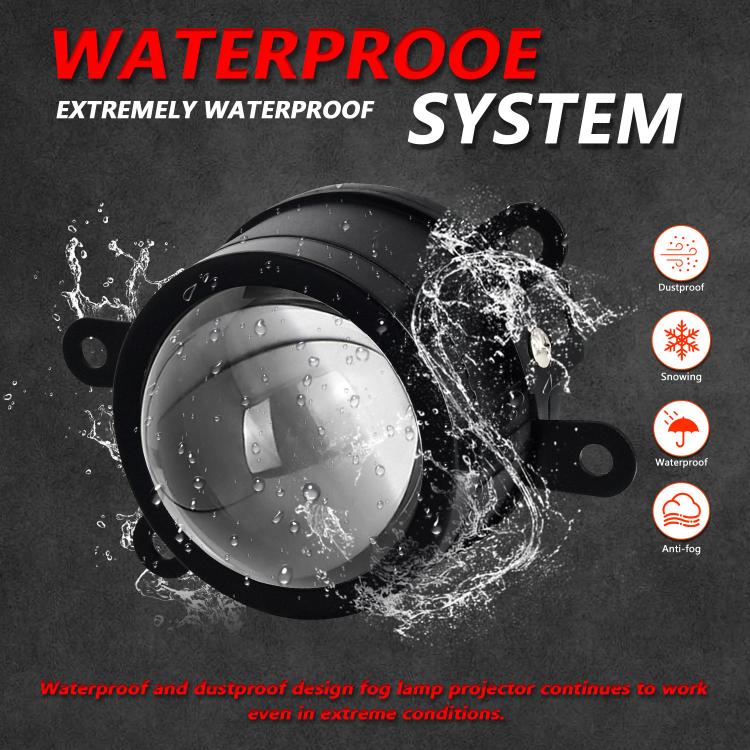 Waterproof black dual-lens fog light projector with droplets on the lens