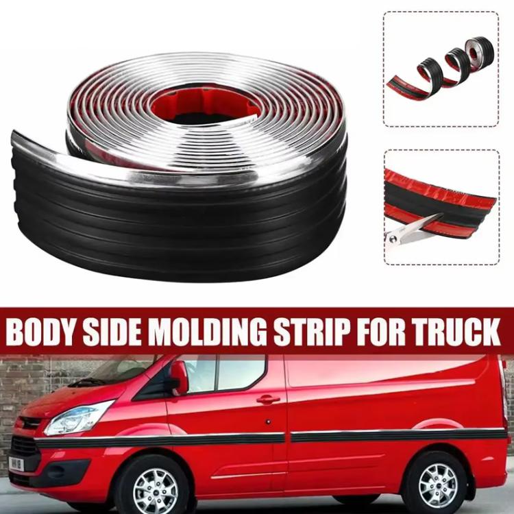 Rolled black side molding anti-collision strip with red reflective inner edge.