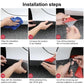 Hands installing a black anti-collision strip; red reflective edge facing outward.