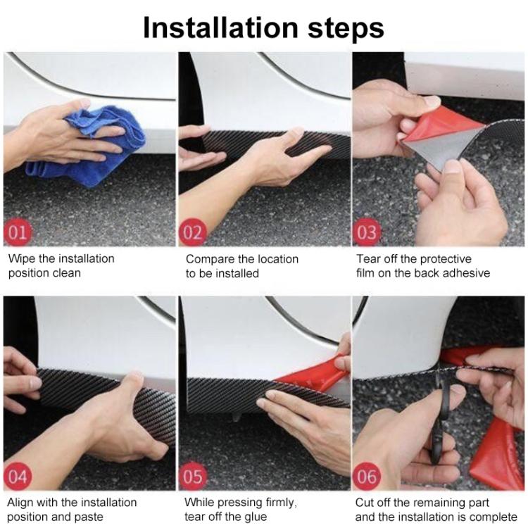 Hands installing a black anti-collision strip; red reflective edge facing outward.