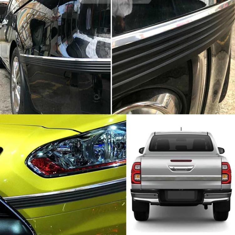 Black anti-collision strips along vehicle body panels with red reflective accents.