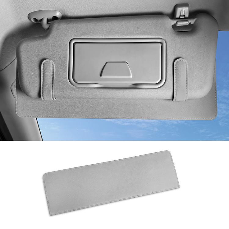Grey car sun visor card extension clip, fabric flap with stitched edges and card holder cutout
