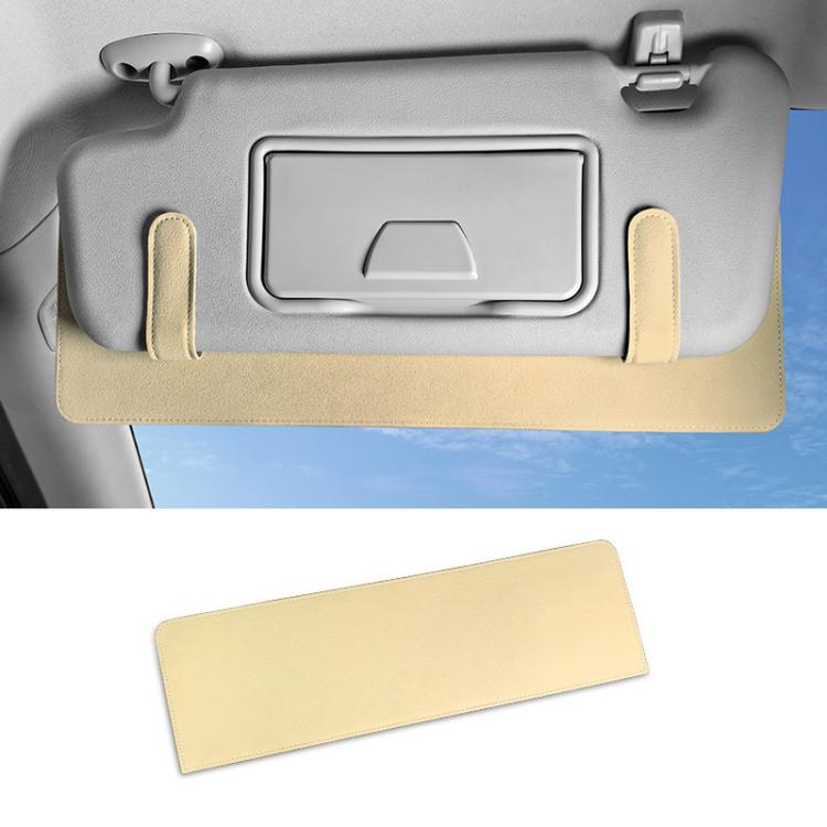 Beige car sun visor card extension clip, fabric flap with stitched edges and card holder cutout