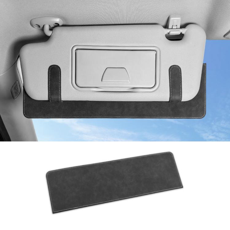 Black car sun visor card extension clip with stitched fabric edges and card holder cutout