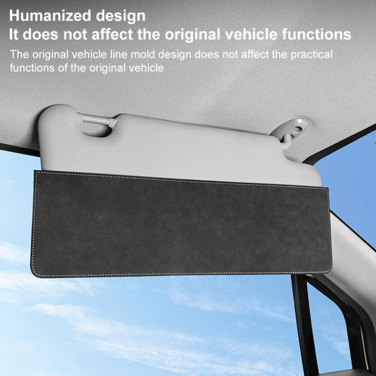 Dark grey sun visor card extension organizer with front pocket and hanging clips