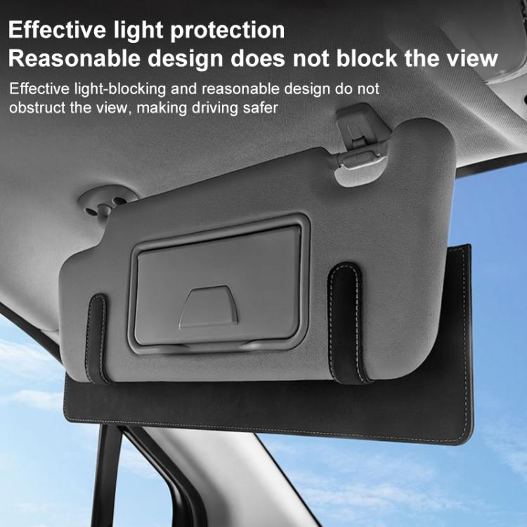 Black car sun visor card extension clip with light-blocking fabric panel and card holder cutout