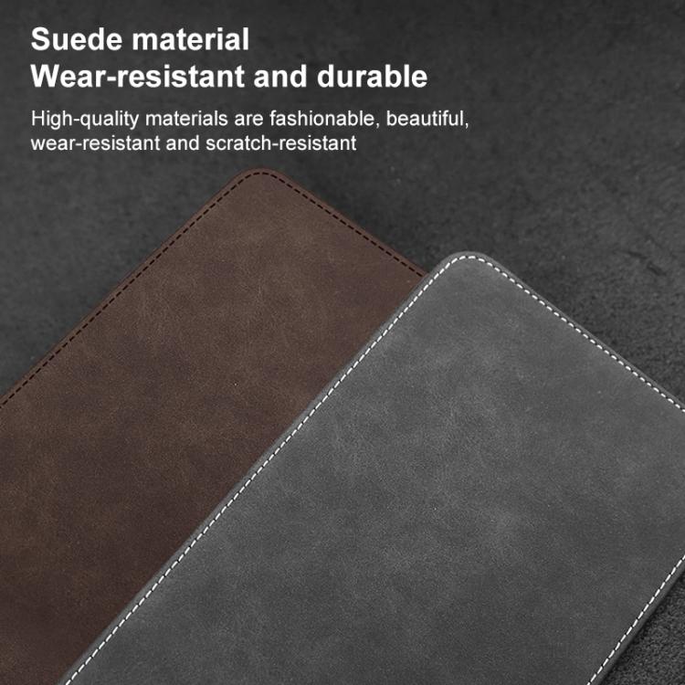 Dark grey faux suede card holder material swatch with white edge stitching