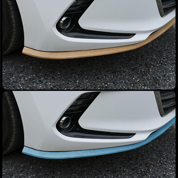 Blue anti-collision trim strip installed along front bumper edge