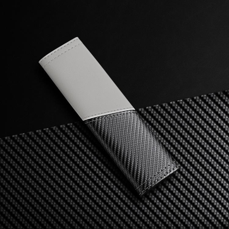 White leather seat belt shoulder guard with carbon-fiber texture panel