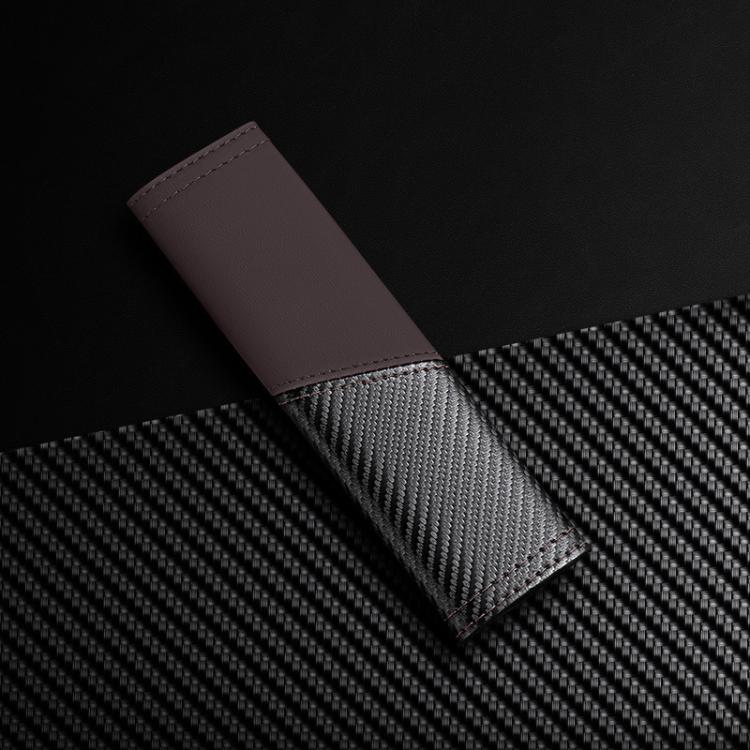 Brown leather seat belt shoulder guard with carbon-fiber texture panel