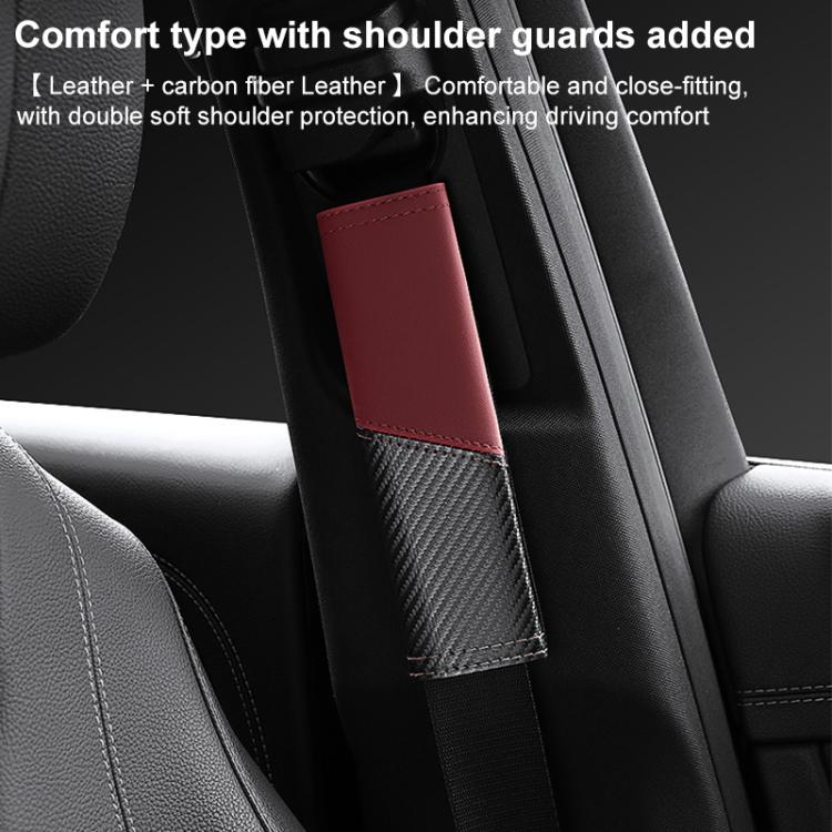 Burgundy leather seat belt shoulder guard with carbon-fiber texture underside