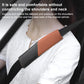 Orange leather seat belt shoulder guard on a seat belt strap