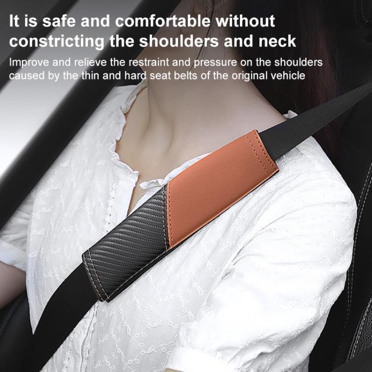 Orange leather seat belt shoulder guard on a seat belt strap