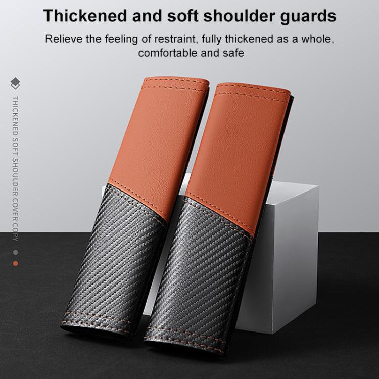 Orange leather seat belt shoulder guards set with carbon-fiber texture panels