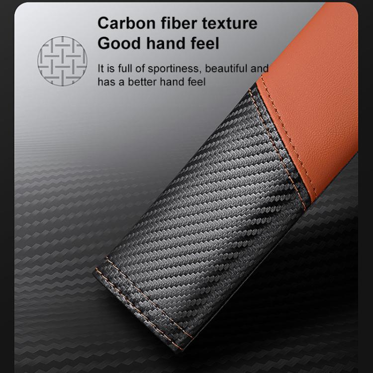 Car seat belt shoulder guard with orange leather edging and carbon-fiber weave panel