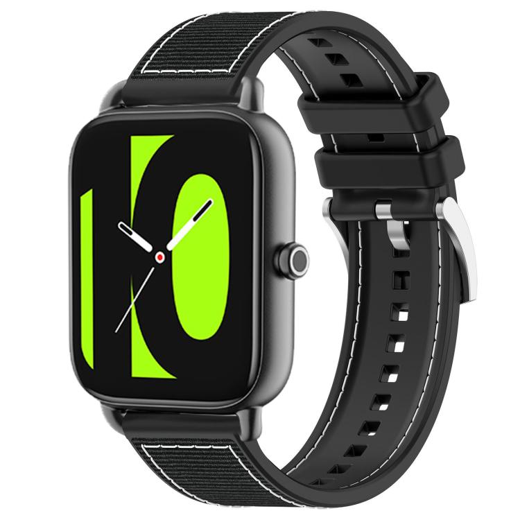 Black hybrid nylon and silicone watch band with adjustable holes and metal buckle, shown on a watch.