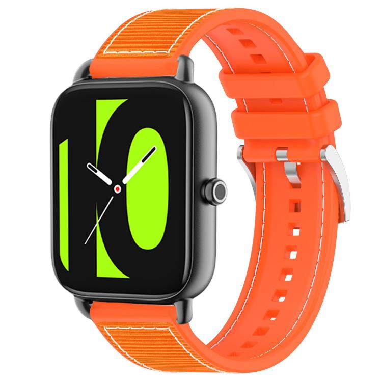 Orange hybrid nylon and silicone watch band with adjustable holes and metal buckle, shown on a watch.