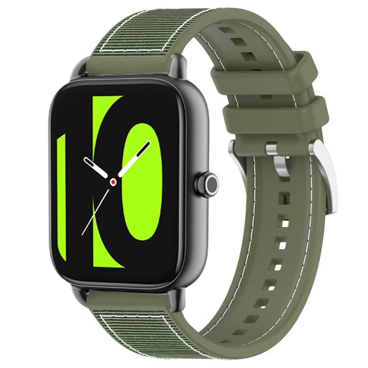 Green hybrid nylon and silicone watch band with adjustable holes and metal buckle, shown on a watch.