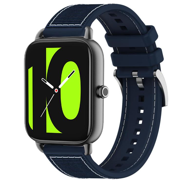 Midnight blue hybrid nylon and silicone watch band with adjustable holes and metal buckle.