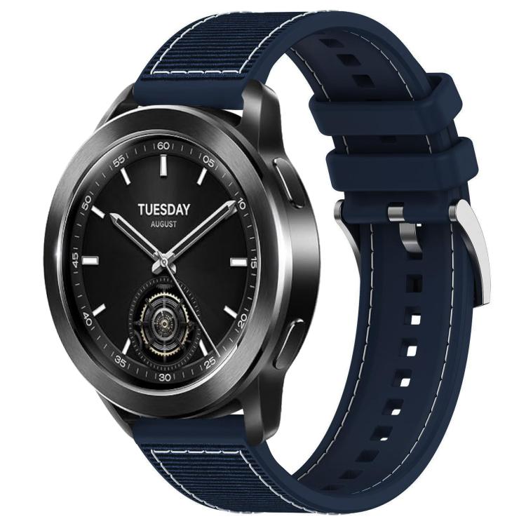 xDfind midnight blue hybrid nylon-braid silicone watch band on a round smartwatch