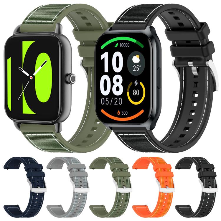 Hybrid nylon and silicone watch bands in five colors, shown on watches and as separate straps.