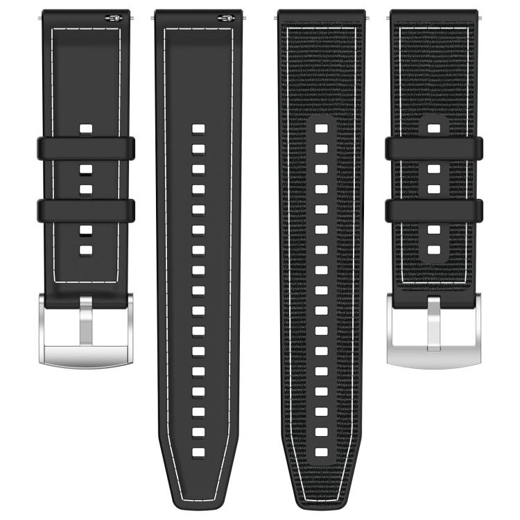 Black hybrid watch band shown as four strap sections with stitched nylon and silicone details.