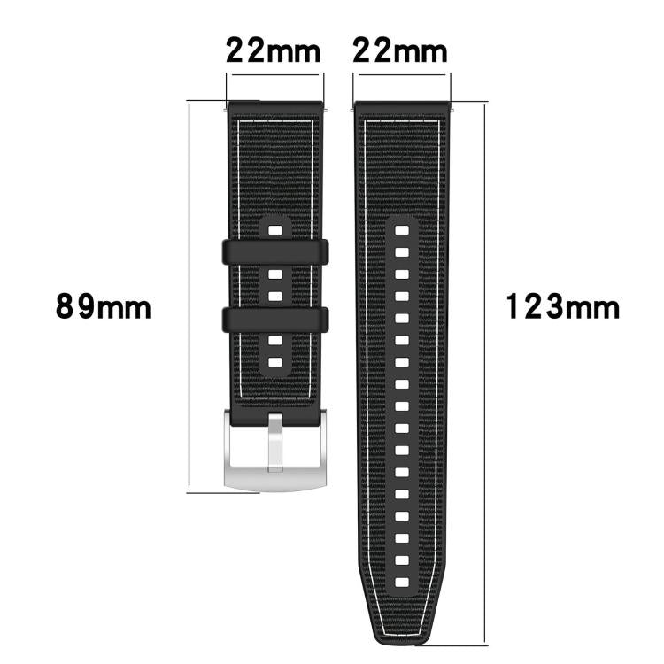 Black hybrid watch band in two sections, each 22 mm wide; lengths shown as 89 mm and 123 mm.