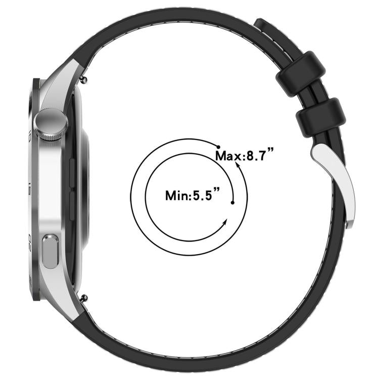 Black watch band shown on a watch, with a stated wrist fit range of 5.5 to 8.7 inches.