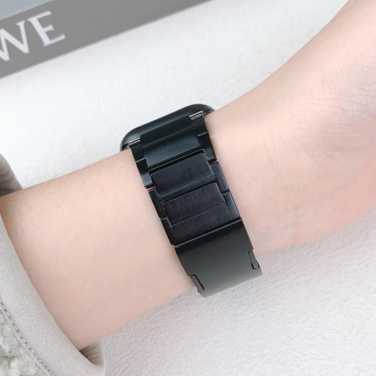 Black linked watch band worn on the wrist, with a broad center link.