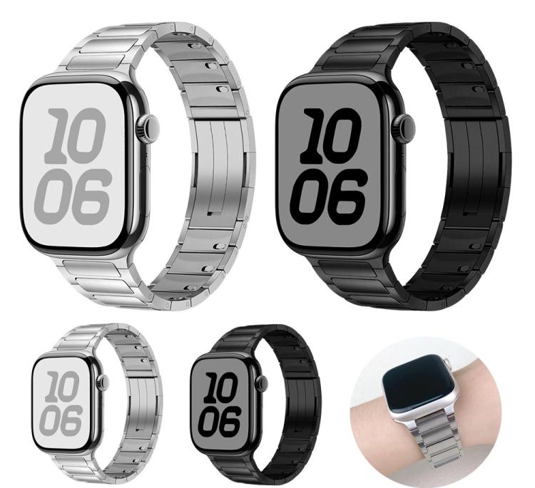 Stainless steel Apple Watch band with three-bead links and side-detachable buckle, in silver and black