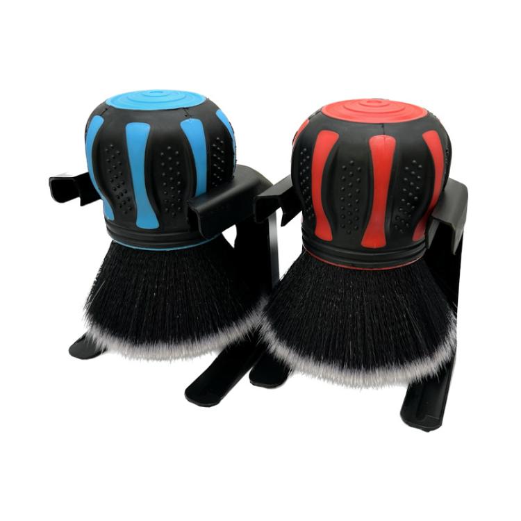 Set of car interior cleaning brushes with soft black bristles in red and blue
