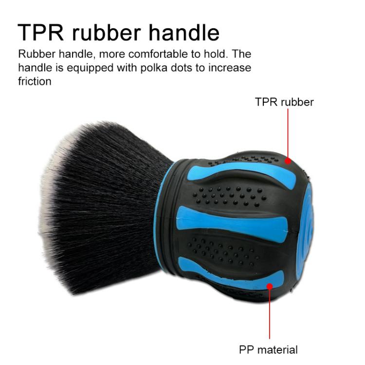 Car interior cleaning brush head with blue-striped grip and soft bristle cover