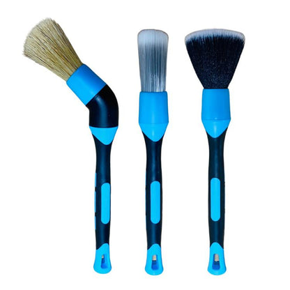 3-piece car cleaning brush set with blue-handled soft bristles