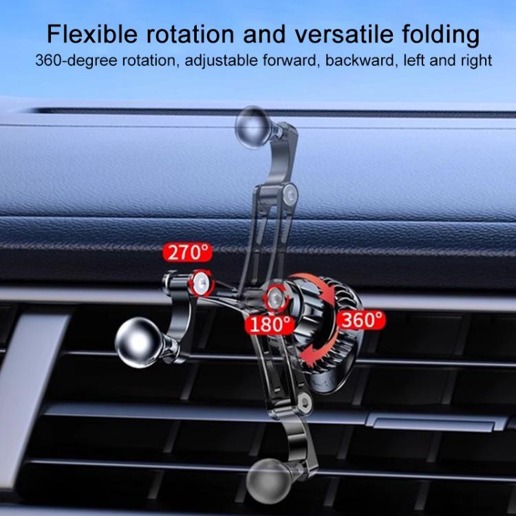 Adjustable folding air-vent car mount with ball head, rotates and locks in place